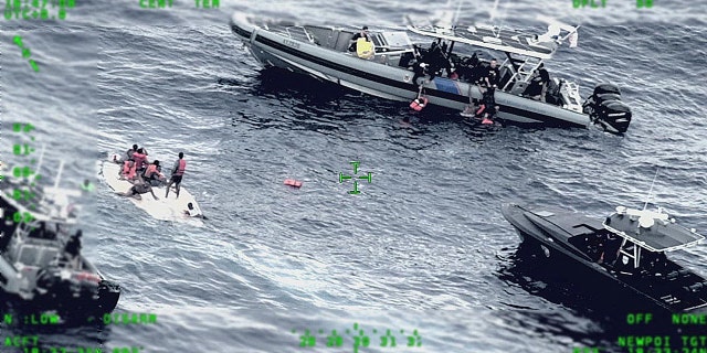 Rescue craft arrive on scene after a migrant vessel capsized north of Desecheo Island, Puerto Rico May 12, 2022 in a still image from surveillance aircraft video. (United States Coast Guard/Handout via REUTERS.)