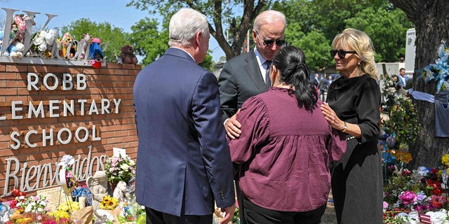 President Joe Biden and first lady Jill Biden greet Mandy Gutierrez, principal of Robb Elementary School, while paying respects in Uvalde, Texas, on May 29, 2022.