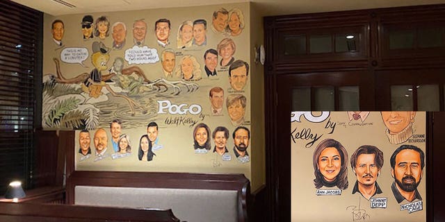 Johnny Depp's caricature was recently added to the wall of The Palm restaurant in McLean, Virginia. Inset is a closeup of the portrait. 