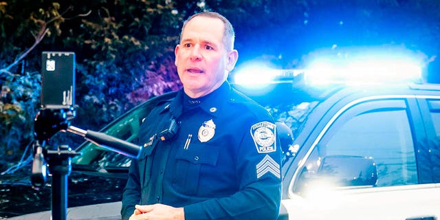 Edgartown Police Sgt. Jonathan Searle films a public service announcement in March 2021, in Edgartown, Massachusetts, on the island of Martha's Vineyard.