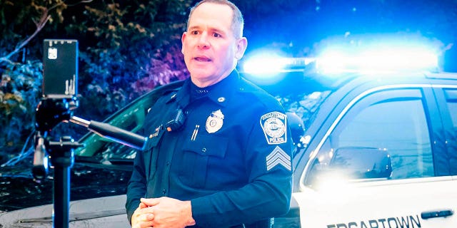 Edgartown Police Sgt. Jonathan Searle delivers a message about the Good Samaritan Law during the filming of a public service announcement in March 2021.