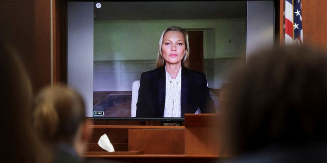 Kate Moss testifying at the Fairfax County Courthouse in Virginia on Wednesday via video link.