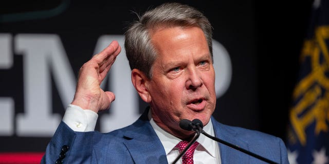 Gov. Brian Kemp (R-GA) speaks during an election night party after winning the renomination to be the Republican nominee for governor on May 24, 2022 at the College Football Hall of Fame in Atlanta, Georgia .