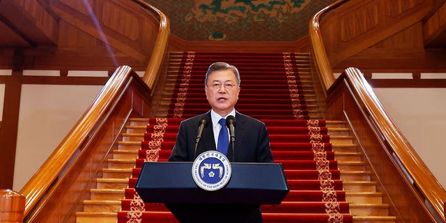 South Korean President Moon Jae-in delivered a farewell speech at the President's Blue House in Seoul, South Korea on Monday, May 9, 2022.