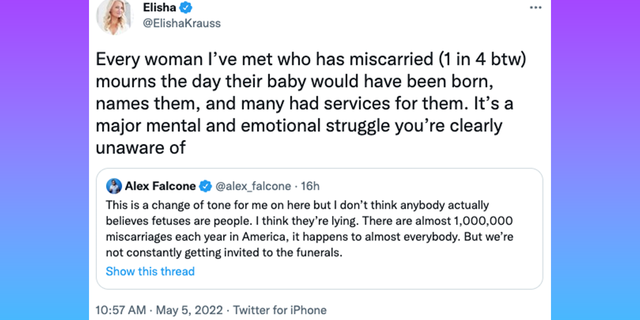 Conservative commentator Elisha Krauss criticizes Alex Falcone for his miscarriage tweet.