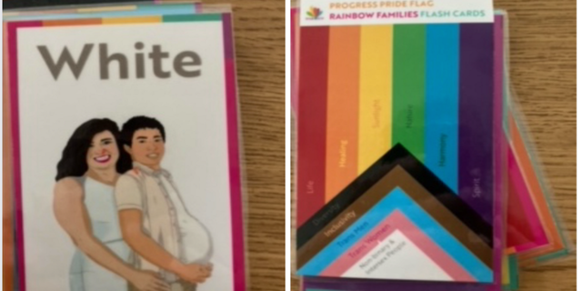 LGBT themed cards a preschool teacher was using to teach kids colors