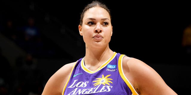 Liz Cambage of the Los Angeles Sparks looks on during the game against the Minnesota Lynx on May 17, 2022, at Crypto.Com Arena in Los Angeles, California.