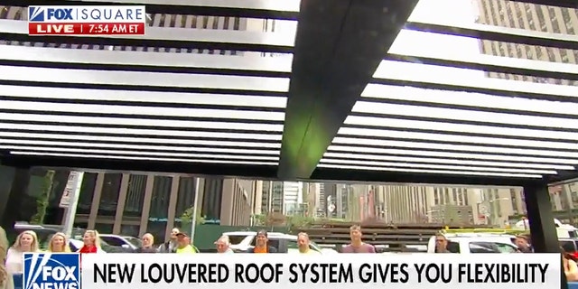 The louvered roof system can be open for sun exposure or closed to keep rain or snow out. 