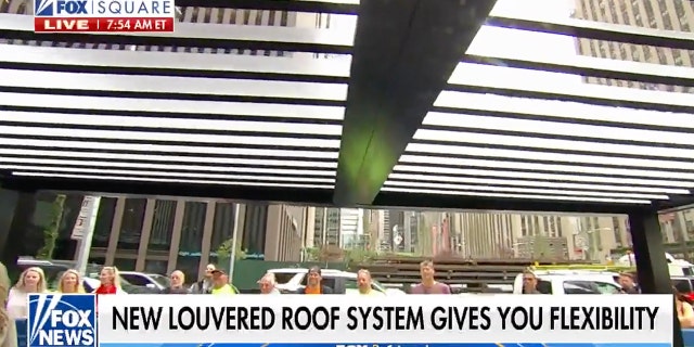 The louvered roof system can be open for sun exposure or closed to keep rain or snow out.