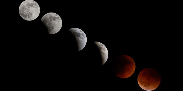 NEW JERSEY, USA - MAY 15: The phases of the total lunar eclipse over Avon Beach.