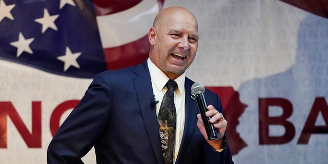 Republican candidate for governor of Pennsylvania, Senator R-Franklin Doug Mastriano, speaks during a primary night campaign rally in Chambersburg, Pennsylvania, Tuesday, May 17, 2022.  (AP Photo/Carolyn Kaster)