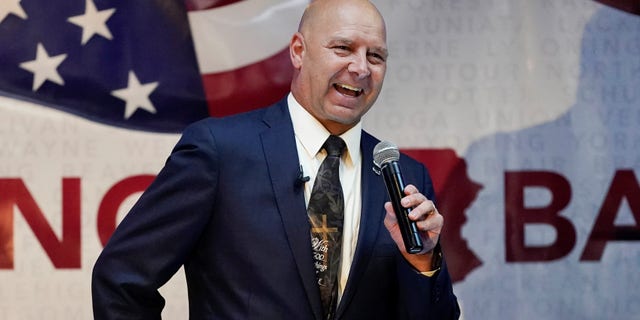 State Sen.  Doug Mastriano, R-Franklin, a Republican candidate for Governor of Pennsylvania, speaks at a primary night election gathering in Chambersburg, Pa., Tuesday, May 17, 2022. (AP Photo/Carolyn Kaster)