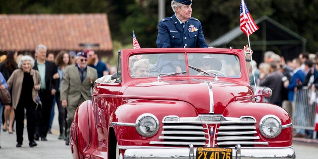 The 1942 Plymouth convertible coupe that carried Vietnam veteran John Farrell and World War II veteran Bill Beckman during the Memorial Day parade at the Presidio in San Francisco was one of the last new vehicles built before the auto industry was transformed to help the war effort.