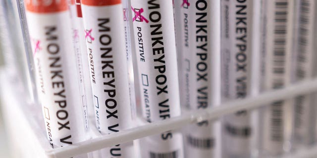 In this illustration taken on May 22, 2022, test tubes labeled 'Monkeypox Virus Positive' are on display in a case.