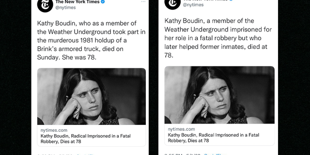 The New York Times quickly deleted and edited a tweet on May 1, 2022 breaking the news that Kathy Boudin had died.