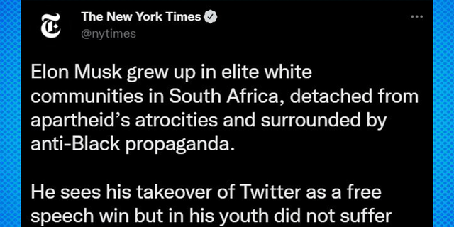 A tweet from the New York Times promoting a 2022 piece on Elon Musk's upbringing in South America. 