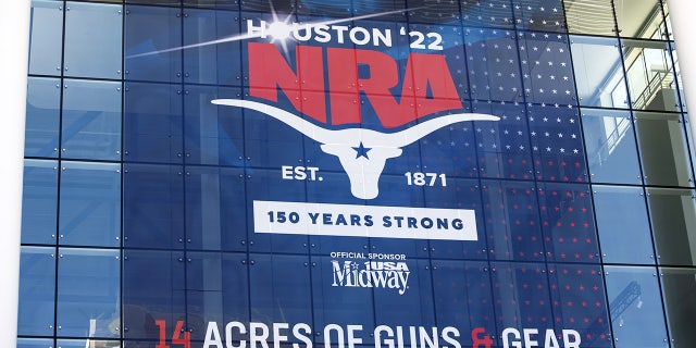 Signage outside the NRA annual convention in Houston, Texas, US, on Friday, May 27, 2022.