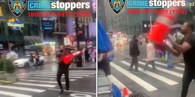 The suspect is seen on cell phone video picking up traffic cones from the street and throwing that at the food vendor on a corner in New York City's Times Square earlier this month.