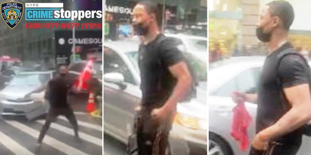 Police are searching for a suspect who hurled traffic cones and a milk crate at a street food vendor in New York City's Times Square earlier this month.