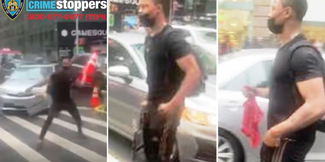 Police are searching for a suspect who hurled traffic cones and a milk crate at a street food vendor in New York City's Times Square earlier this month.