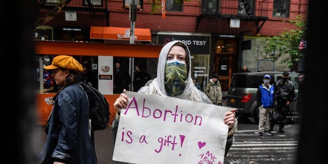 Abortion-rights activists gather outside of a Catholic church in downtown Manhattan to voice their support for a woman's right to choose on May 07, 2022 in New York City. 