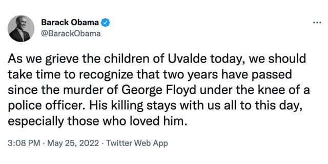 L'ancien président Obama tente de lier le massacre de cette semaine à Uvalde, au Texas, au deuxième anniversaire du meurtre de George Floyd.