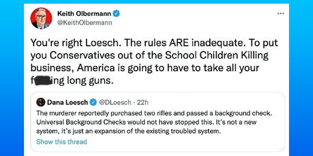 Leftist commentator Keith Olbermann accuses Dana Loesch of profiting off of school shootings in Twitter post. 