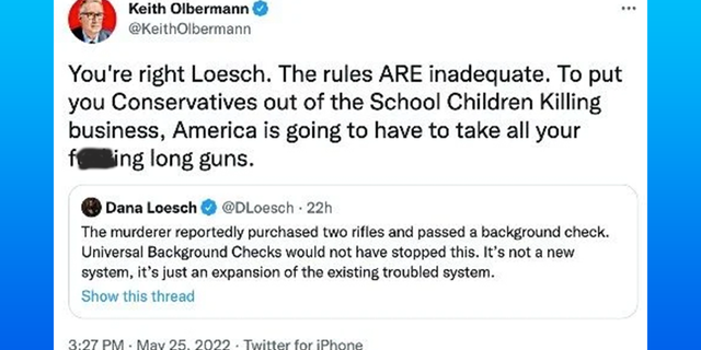 Leftist commentator Keith Olbermann accuses Dana Loesch of profiting off of school shootings in Twitter post. 