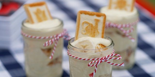 Paula Deen's special 'Not Your Mama's' banana pudding served in individual glasses for a Memorial Day picnic featured on Fox Nation.