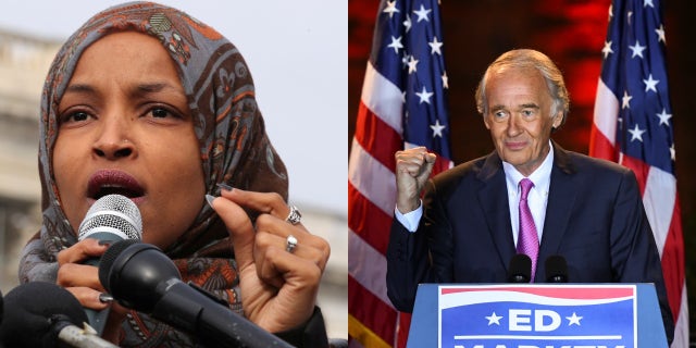 U.S. Senator Ed Markey, who won in a primary challenge from U.S. Representative Joe Kennedy III, takes the stage at his primary election rally in Malden, Massachusetts, U.S., September 1, 2020. REUTERS/Gretchen Ertl FILE PHOTO: U.S. Representative Ilhan Omar (D-MN) participates in a news conference to call on Congress to cut funding for ICE (Immigration and Customs Enforcement), at the U.S. Capitol in Washington, U.S., February 7, 2019. REUTERS/Jonathan Ernst/Files
