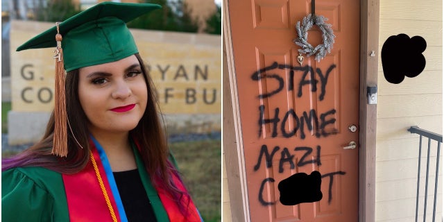 UNT senior Kelly Neidert and her vandalized front door