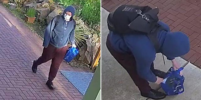 Police released the surveillance video showing the suspect in a blue hoodie and white face mask. He appears to be carrying a blue shopping bag.