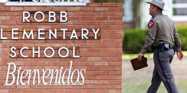 A state trooper walks past the Robb Elementary School sign in Uvalde, Texas, on Tuesday, May 24, 2022, following a deadly shooting at the school.