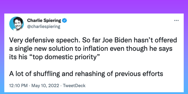 „Breitbart“ atstovas Charlie Spieringas kritikuoja Bideno kalbą apie ekonomiką.