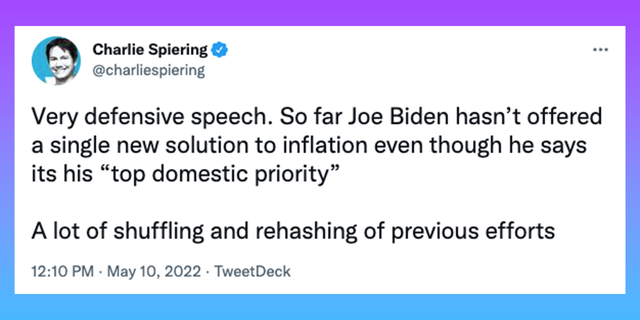 „Breitbart“ atstovas Charlie Spieringas kritikuoja Bideno kalbą apie ekonomiką.