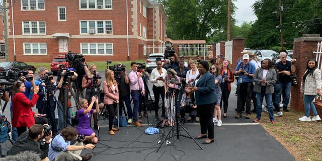 Stacey Abrams addresses a crowd ahead during Georgia's primary election.