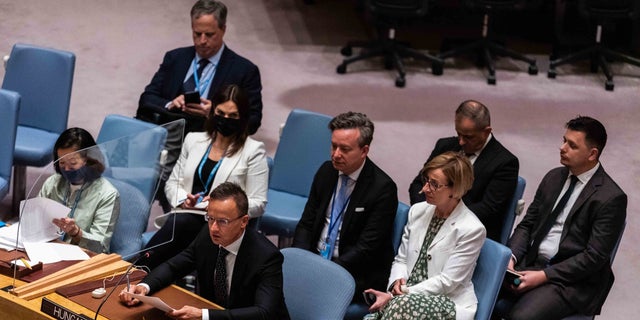 Peter Cicardo, Magyarország vezető diplomatája beszédet mond az ENSZ Biztonsági Tanácsa előtt 2022. május 19-én.