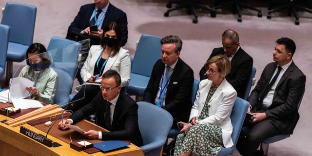 Hungary's top diplomat, Péter Szijjártó, addressing a U.N. Security Council debate on May 19, 2022.