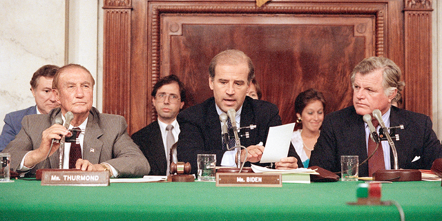 Senate Judiciary Committee Chairman Joe Biden, flanked by Sens. Strom Thurmond and Ted Kennedy, on Oct. 6, 1987.