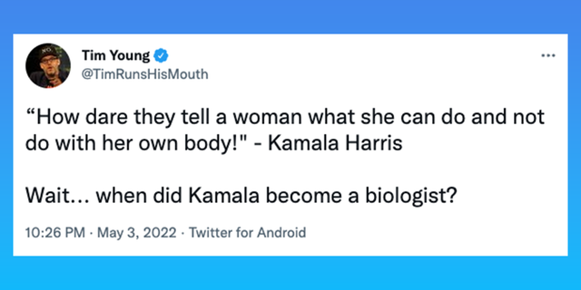Tim Young mock's VP Kamala Harris' speech defending women's right to abortion.