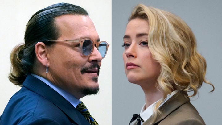 Uma combinação de fotos de Amber Heard e Johnny Depp no ​​tribunal em 23 de maio de 2022. ((AP Photo/Steve Helber, Pool))