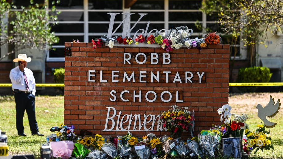 Flower placed on a memorial at Robb Elementary School