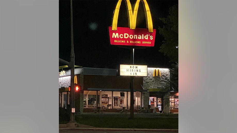 A now-hiring sign at Moab's only McDonald's restaurant in September 2021, weeks after the murders of newlyweds Kylen Schulte and Crystal Turner.