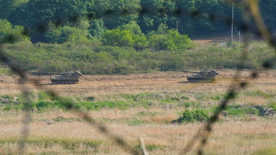 South Korean army K-9 self-propelled howitzers in Paju near the border with North Korea