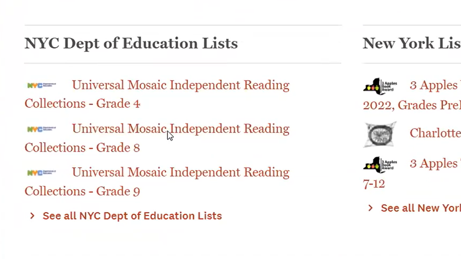 Screenshot of links on the NYC DOE Mosaic website portal