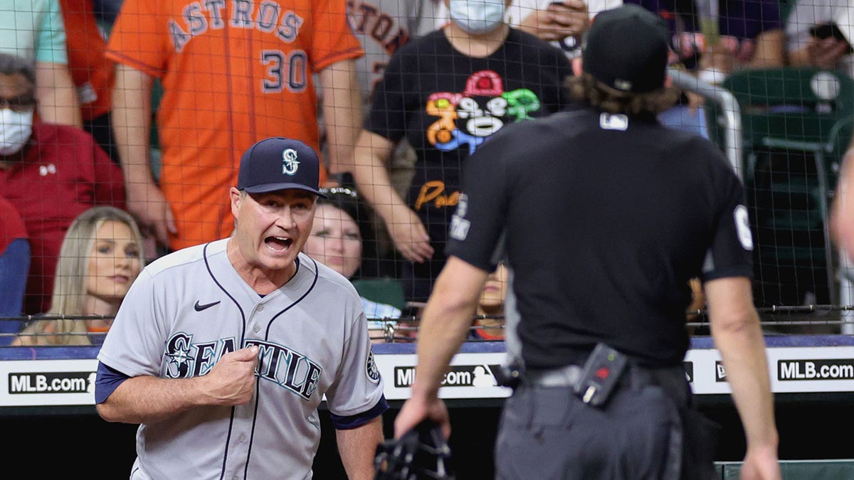 Scott Servais of the Seattle Mariners is sent off the field by umpire Chris Guccione during the ninth inning at Minute Maid Park on June 6, 2022, in Houston, Texas. (Carmen Mandato/Getty Images)