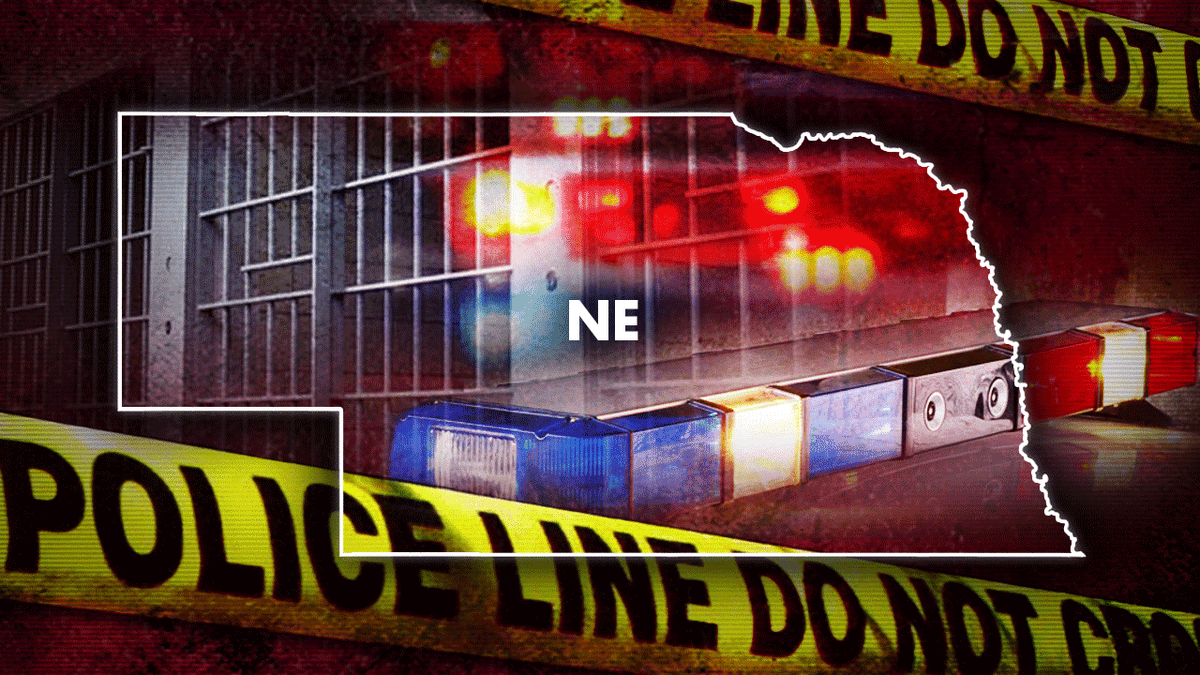 Nebraska silhouette in front of "Police Line Don Not Cross" caution tape