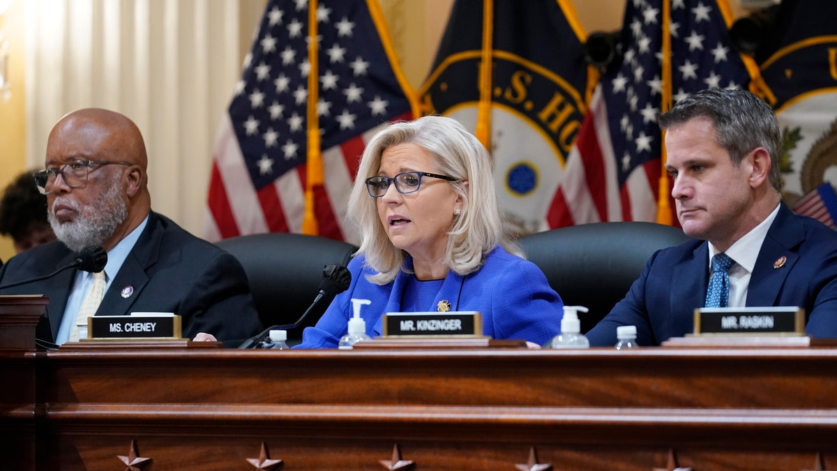 Vice Chair Liz Cheney, R-Wyo., gives her opening remarks as Committee Chairman Rep. Bennie Thompson, D-Miss., left, and Rep. Adam Kinzinger, R-Ill., look on, as the House select committee investigating the Jan. 6 attack on the U.S. Capitol holds its first public hearing to reveal the findings of a year-long investigation, at the Capitol in Washington, Thursday, June 9, 2022. (AP Photo/J. Scott Applewhite)
