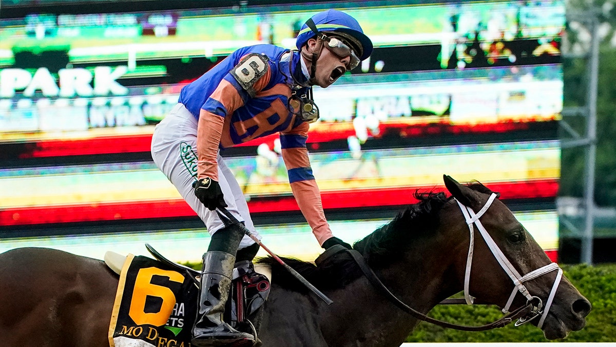 Jockey Irad Ortiz Jr. celebrates