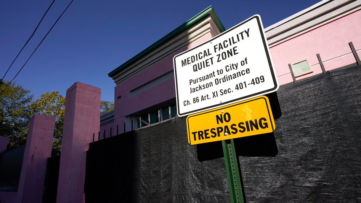 A sign indicating a "Medical Facility Quiet Zone" is displayed outside the Jackson Women's Health Organization clinic in Jackson, Miss.